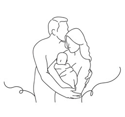 Continuous line drawing of father and mother holding their newborn baby.  line art drawing vector illustration.