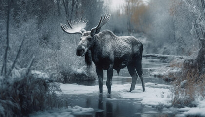 Horned elk grazes in tranquil winter forest generated by AI