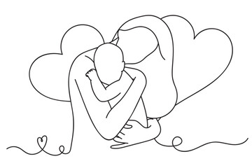 Continuous one line drawing of mother holding her baby in her arms. Mothers and baby line art style of vector illustration, Mother's Day Celebration.