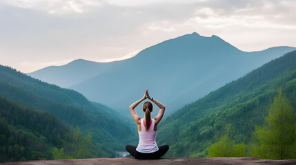 Fototapeta Young woman doing yoga outdoor. Background of beautiful mountains. obraz