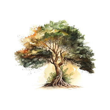 Bodhi Sacred Fig tree Watercolor Vector Illustration.