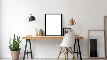 Blank wooden picture frame mockup on wall in modern interior. Vertical artwork template mock up for artwork, painting, photo or poster in interior design, AI generated art