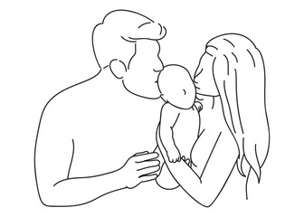 Couple holding a baby in their arms. line art drawing vector illustration.