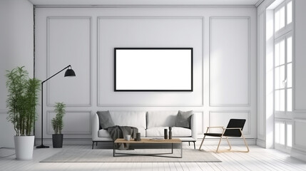 Blank wooden picture frame mockup on wall in modern interior. Vertical artwork template mock up for artwork, painting, photo or poster in interior design, AI generated art