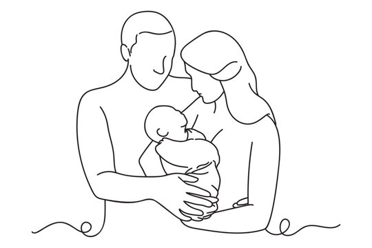 Continuous one line drawing of mother and father holding baby.  line art drawing vector illustration.