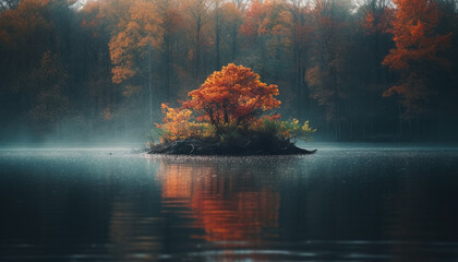 Fototapeta na wymiar Vibrant autumn forest, tranquil pond, wet grass generated by AI