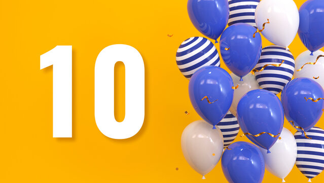 The inscription 10 on a yellow background with balloons, golden confetti, serpentine. Greeting card, bright concept, illustration. 3d render.
