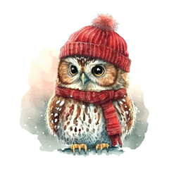 Obraz premium Hand drawn owl christmas hat watercolor for decoration design. Vector art illustration. Fashion sketch. Retro vector illustration Winter holiday season. Cartoon style.