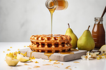 Fresh Belgian waffles with pears are drizzled with honey or caramel syrup. Delicious ruddy waffles stacked on a white plate in a light-colored kitchen. Generative AI professional photo imitation. - obrazy, fototapety, plakaty