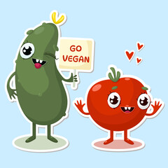 Go vegan cucumber and tomato character stickers