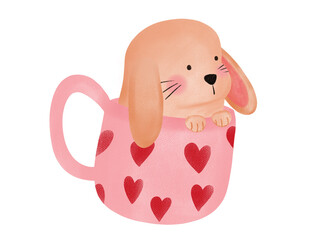 cartoon long eared dog sleeping in sweet pink glass.on white background.
