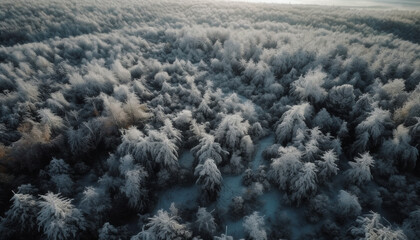 High up, drone captures winter forest beauty generated by AI