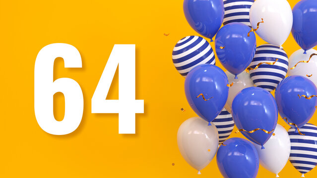 The inscription 64 on a yellow background with balloons, golden confetti, serpentine. Greeting card, bright concept, illustration. 3d render.