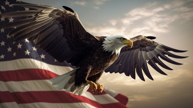 Bald Eagle with American Flag in the background.  Generative AI.