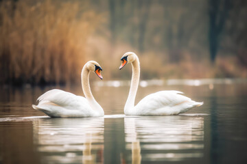 Fototapeta premium Pair of beautiful swans in a pond against autumnal forest background. Generative AI. 