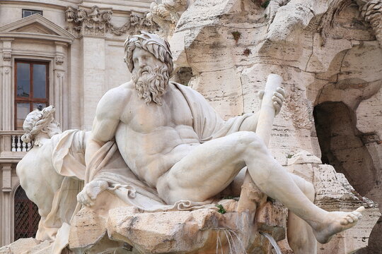 Four Rivers Fountain Detail with Statues of the River Ganges in Rome, Italy