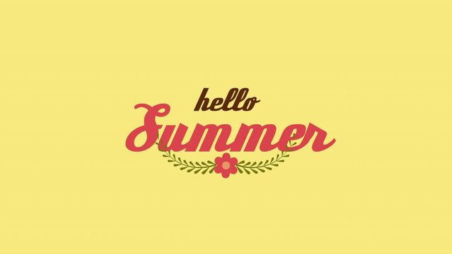 Hello Summer with red cartoon flowers on yellow gradient, motion promotion, summer and retro style background