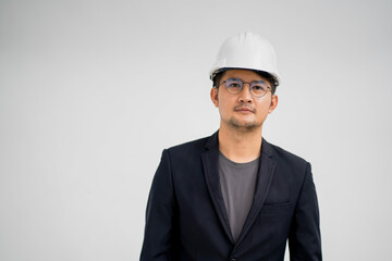 Portrait of Asian Male Engineer Showing Working Gesture with Isolated White Background