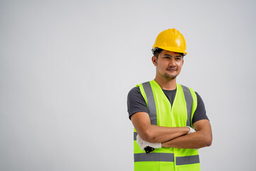 Portrait of an Asian Male Construction Worker Showing a Gesture of Work, With Isolated White...