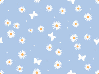 Seamless pattern with daisy flower and butterfly cartoons on blue background vector.