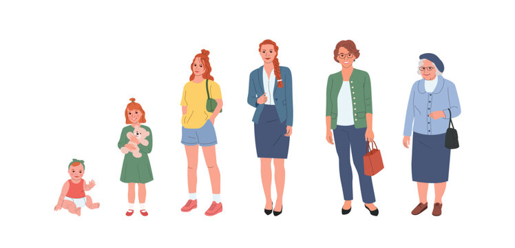 Woman of different ages. Life cycle. Human growth concept vector illustration.
