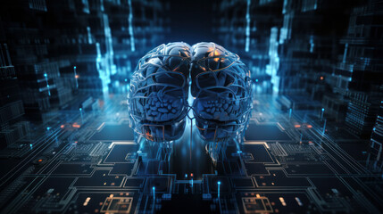 Futuristic android brain on circuit board background symbolizing the future of AI. AI is Generative technology. Generative AI