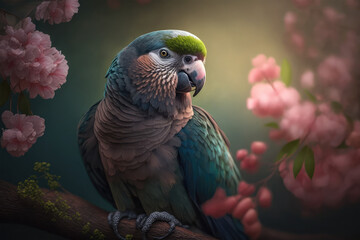 Obraz premium dramatic photo portrait of cute parrot on flower blossom