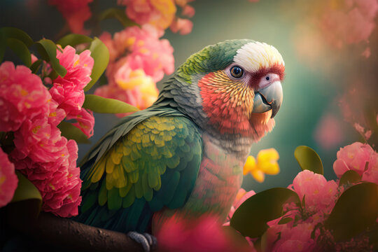 dramatic photo portrait of cute parrot on flower blossom