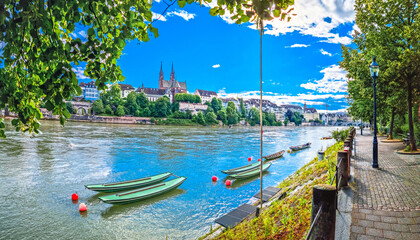 Basel. Rhine river green waterfront in town of Basel