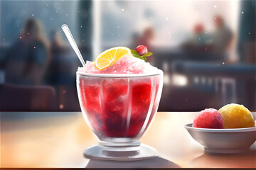 Illustration of strawberry frozen granita in a glass with lemon wedge and mint leaves. Cafe or restaurant. Traditional Italian or Sicilian summer dessert with ice. Sunlight and glare. Generative AI - obrazy, fototapety, plakaty