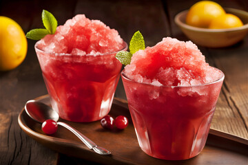 Homemade strawberry granita with mint. Sicilian frozen summer dessert in glasses on a tray on a wooden background. Selective focus. Generative AI - obrazy, fototapety, plakaty