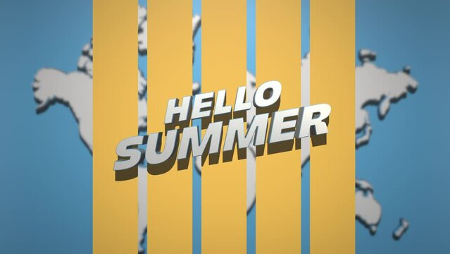 Hello Summer with flying airplanes and world map with yellow stripes, motion promotion, summer and travel style background