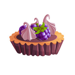 Blackberry Custard Tart. Cake or Tartlet with Meringue and Berries Isolated on White. Game Icon. Vector Sweet Dessert. Food Icon in Cartoon Style.
