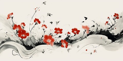 Kimono drawing, simplistic Japanese aesthetic art on a white textured background, hints of red flowers. Wallpaper for cards and flyers. Inspired by Ukiyo. Ai generative illustration.