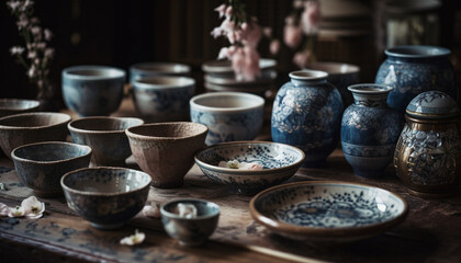 Earthenware pottery collection, ornate patterns, rustic decoration generated by AI