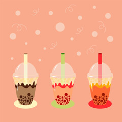 Vector set of bubble tea, chocolate, strawberry and orange taste in plastic cup witn cap and straw.