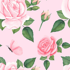 Seamless Floral Pattern with Pink Rose Flowers. Botanical colorful illustration on isolated backdrop in vintage style.