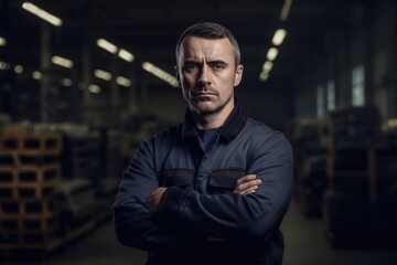 Portrait of a warehouseman working in a warehouse. Ai generative.
