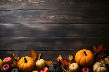 Thanksgiving background: Autumn leaves on wooden background, pumpkin, dry leaves, Old dark wood with empty space to text, Thanksgiving and Halloween celebration decoration concept