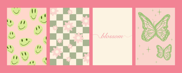Vector illustration. Trendy y2k style posters with emoticons, lettering, checkerboard, flowers and butterflies. Modern minimalist print. Perfect as a background pattern, textile design and home decor.