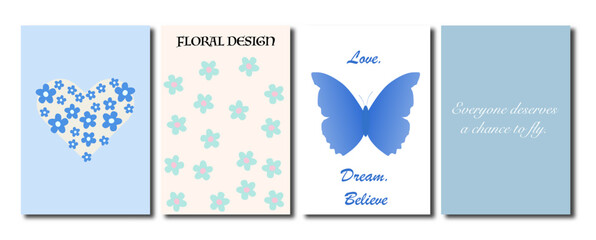 Fototapeta na wymiar Vector illustration. Trendy y2k style posters with heart, lettering, flowers, butterfly and gradient. Modern minimalist print. Perfect as a background pattern, textile design and home decor.