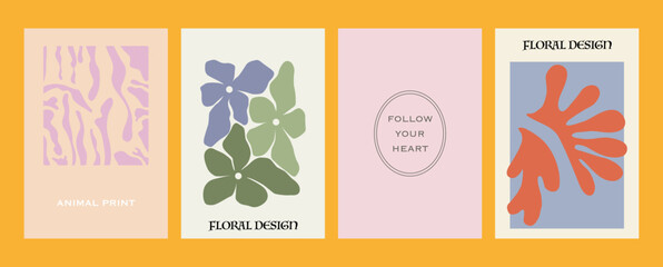 Vector illustration. Trendy y2k style posters with animal print, lettering, leaves and flowers. Modern minimalist print. Perfect as a background pattern, textile design and home decor.