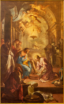 NAPLES, ITALY - APRIL 21, 2023: The painting Jesus washing the feet of the disciples in the church Chiesa della Santissima Trinita dei Pellegrini by Giacinto Diano (1731 - 1803).