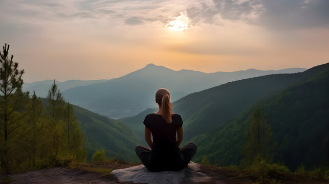 Young woman doing yoga outdoor. Background of beautiful mountains.