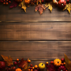 Naklejka na ściany i meble Thanksgiving background: Autumn leaves on wooden background, pumpkin, dry leaves, Old dark wood with empty space to text, Thanksgiving and Halloween celebration decoration concept