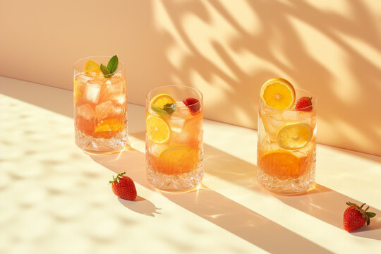 Summer cocktail in the sun. Fresh juicy drink in a glass with shadow. Ai generative