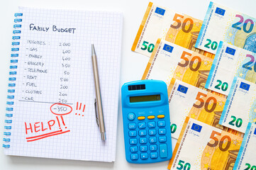 Notebook with monthly budget, calculator, text "help" and banknotes next to it. Rising prices and inflation, economic difficulties and consequences.

