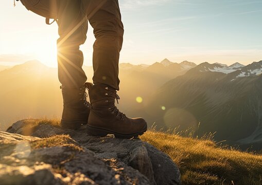 Hiker standing at the top of the mountain at sunset. Focus on hikers boots. Generative Ai image