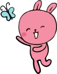 cartoon pink rabbit running catching butterflies flying