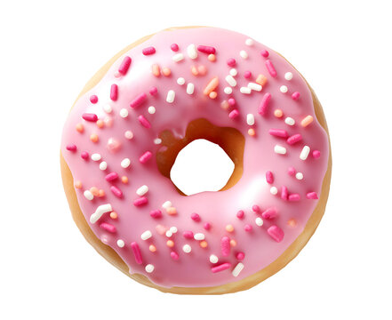 Pink donut isolated on transparent background. Top view. PNG format	